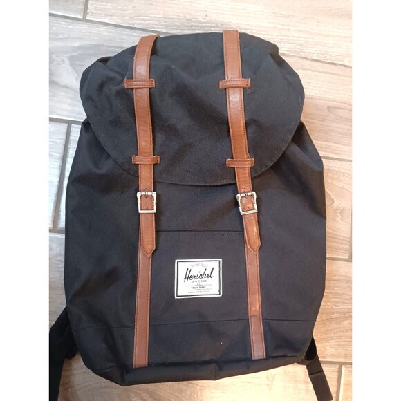 Herschel Black Backpack, Drawstring Close, Leather Snaps, Adjustable Straps - Picture 1 of 6